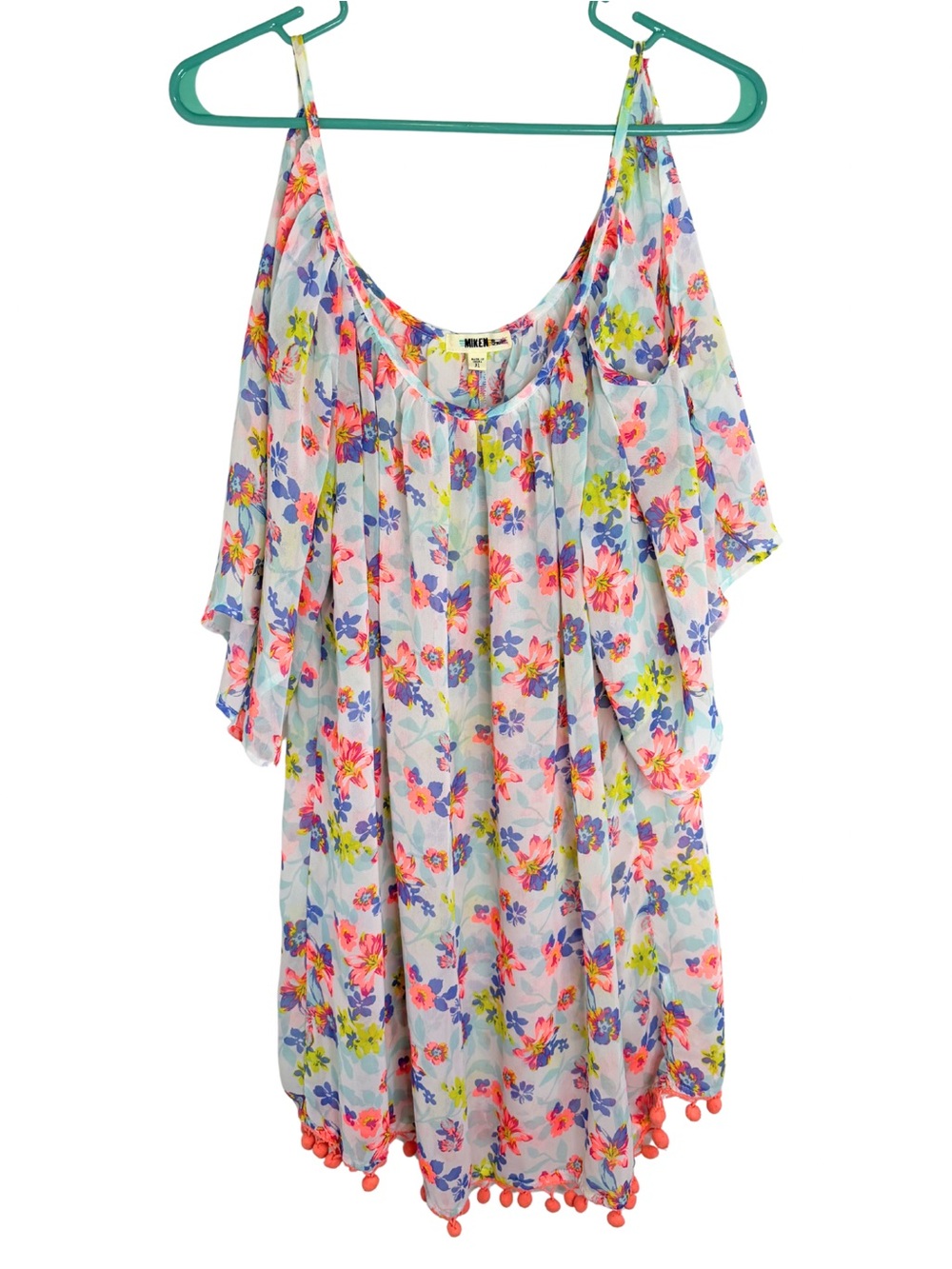 3/$20 Miken Swim Floral Cold-Shoulder Short Sleeve Swim Sheer Coverup Pom Trim